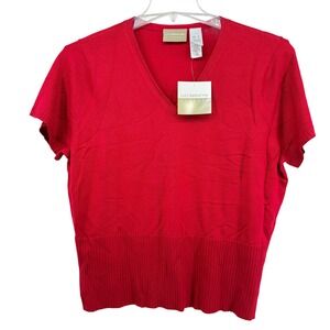 Liz Claiborne Essentials Red V Neck Short Sleeve Knit Sweater Top XL